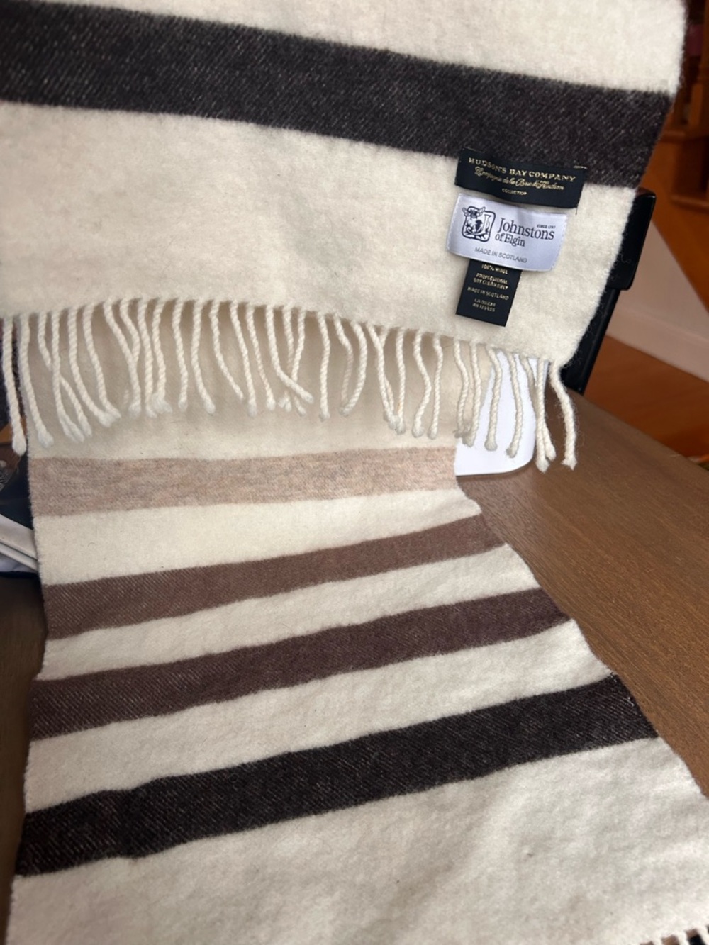 Rare HBC & Johnstons of Elgin Cream and Brown Striped 100% wool scarf